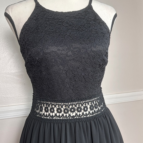BCX Black Lace Mini Dress Stretchy A-Line w/ Crochet Waist Feminine Minimalist - Picture 5 of 15
